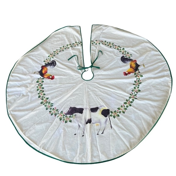Handpainted Country Farm Christmas Tree Skirt Cow Rooster Holly Berries 54” - Picture 1 of 8